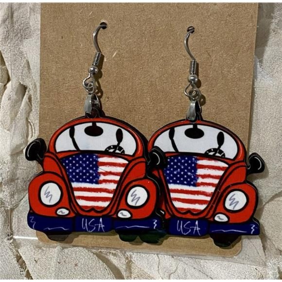 New Handmade Patriotic Volkswagon Love Bug MDF Wood Dangle Earrings USA - Picture 1 of 2
